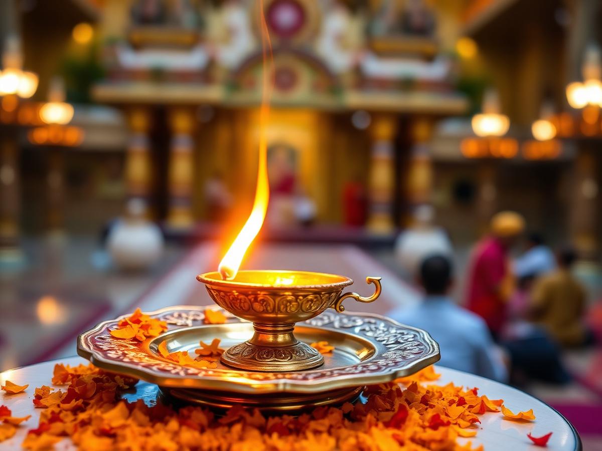 Aarti flame on an ornate brass plate with marigold petals