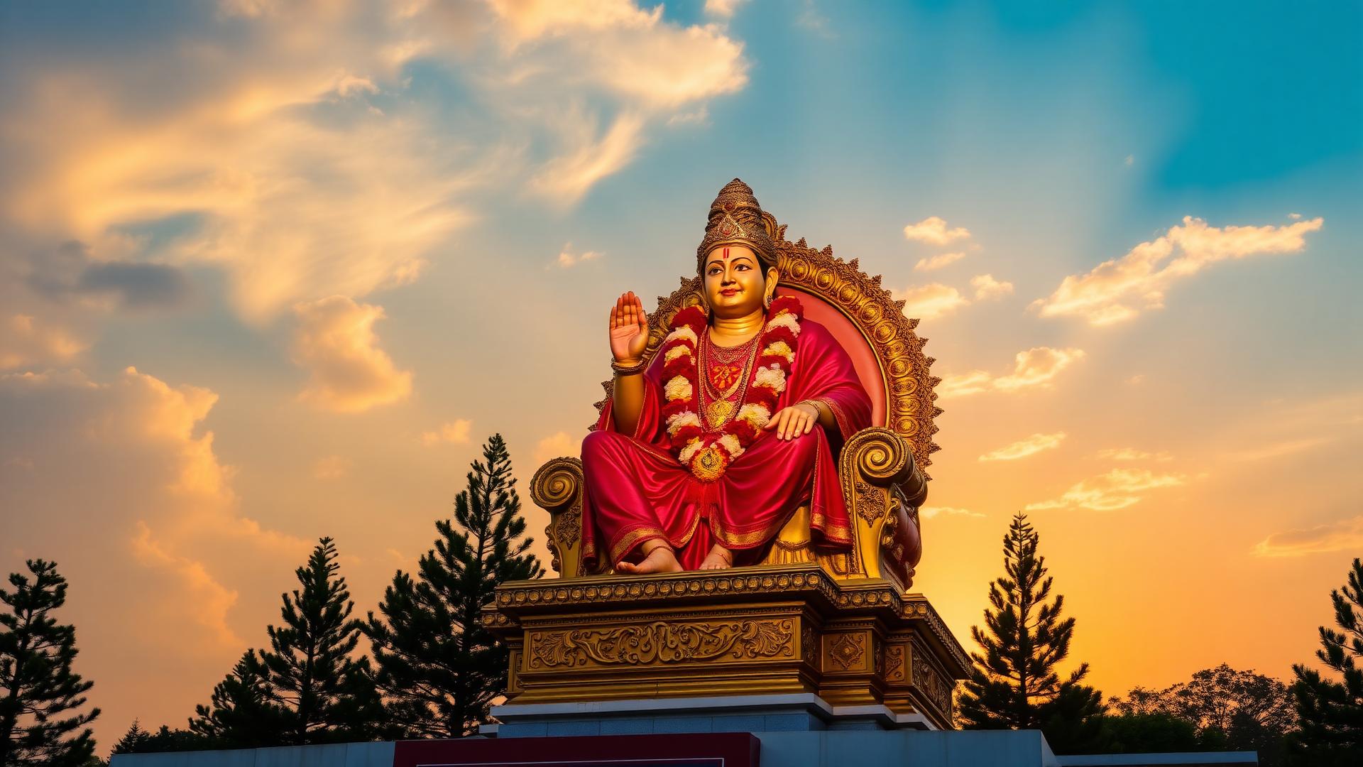 Shirdi Sai Baba on ornate throne at sunset